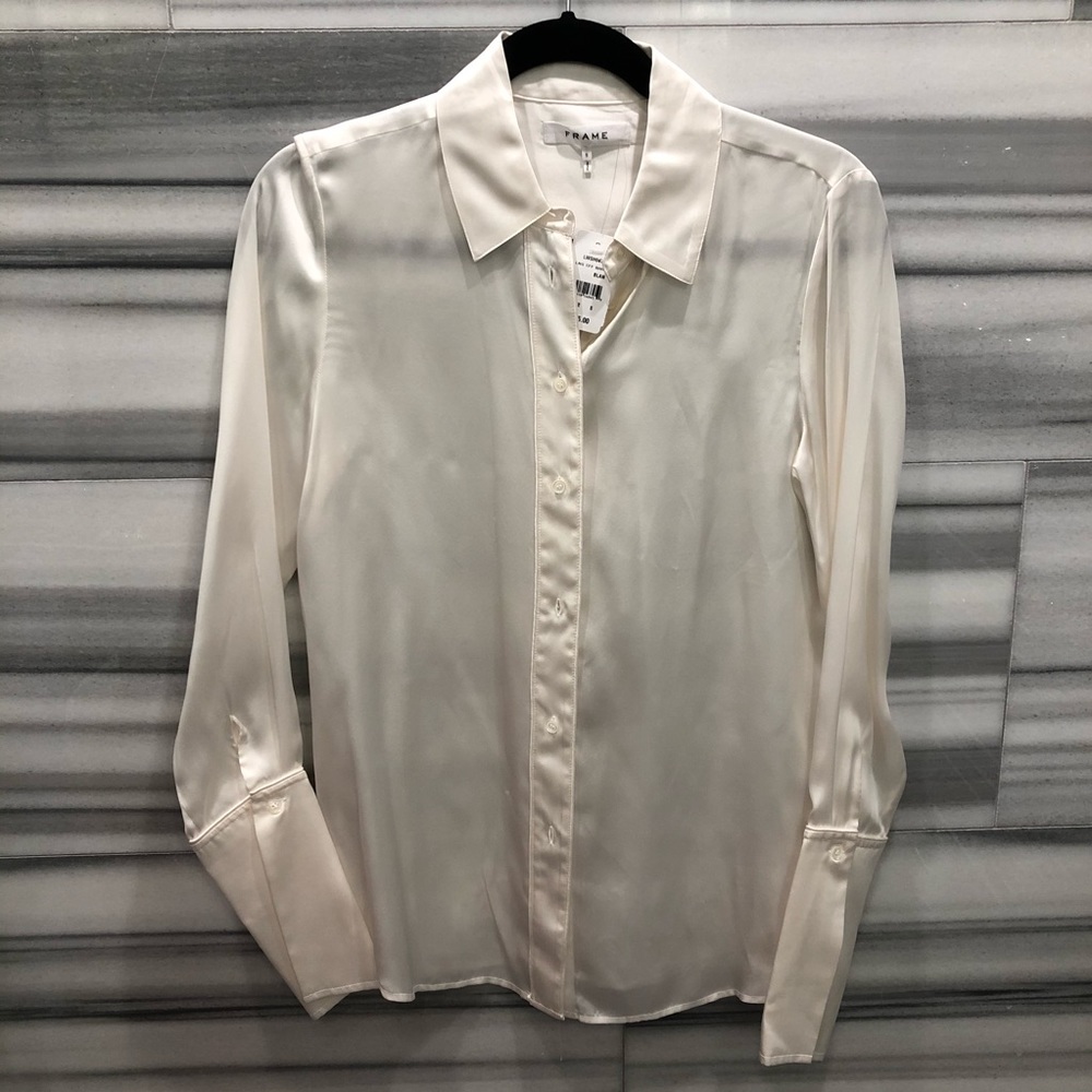 Frame Long Cuff Silk Shirt in Cream